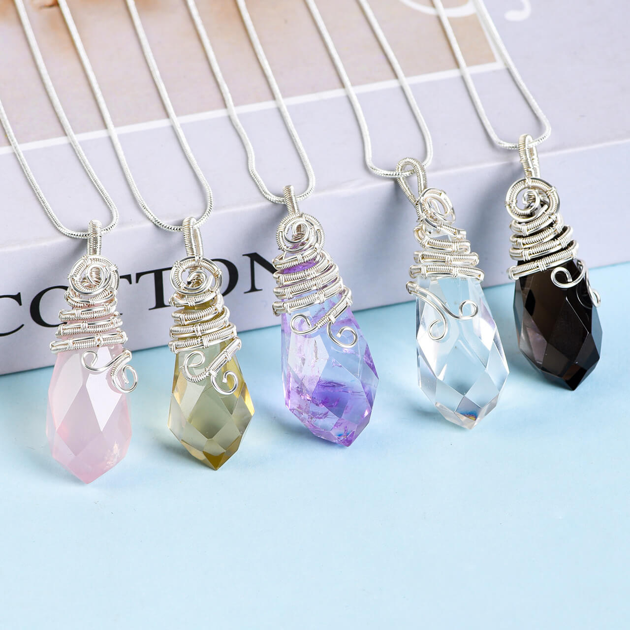 Handmade Wire Wrapped Faceted Crystal Point Pendant Necklace, Natural Healing Gemstone Dowsing Pendulum 1 crystal point pendant