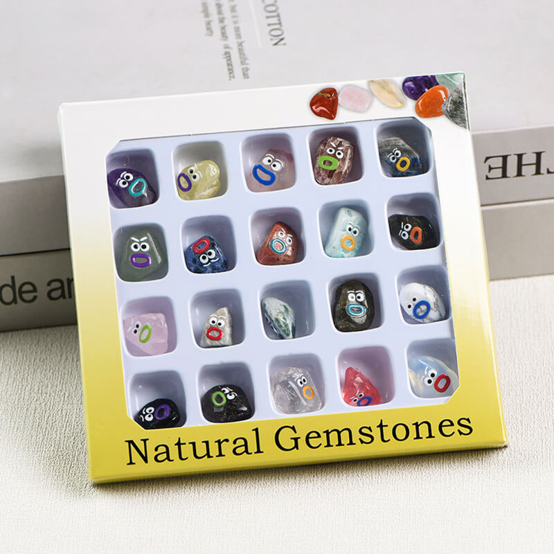 20PCS Funny Cartoon Expression Natural Gemstone Kit, Cute Desk Pets Crystal Worry Stones Healing Minerals Box 1 natural gemstone kit
