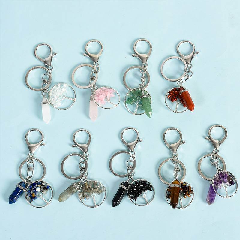Natural Crystal Hexagonal Pillar Tree of Life Keychain | Gemstone Charm Key Ring 1 crystal tree of life keychain