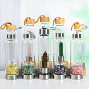 natural crystal water bottle with hexagonal gemstone obelisk points and stainless steel caps