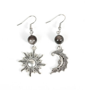 asymmetric celestial drop earrings with vintage sun and moon charms and natural gemstone beads